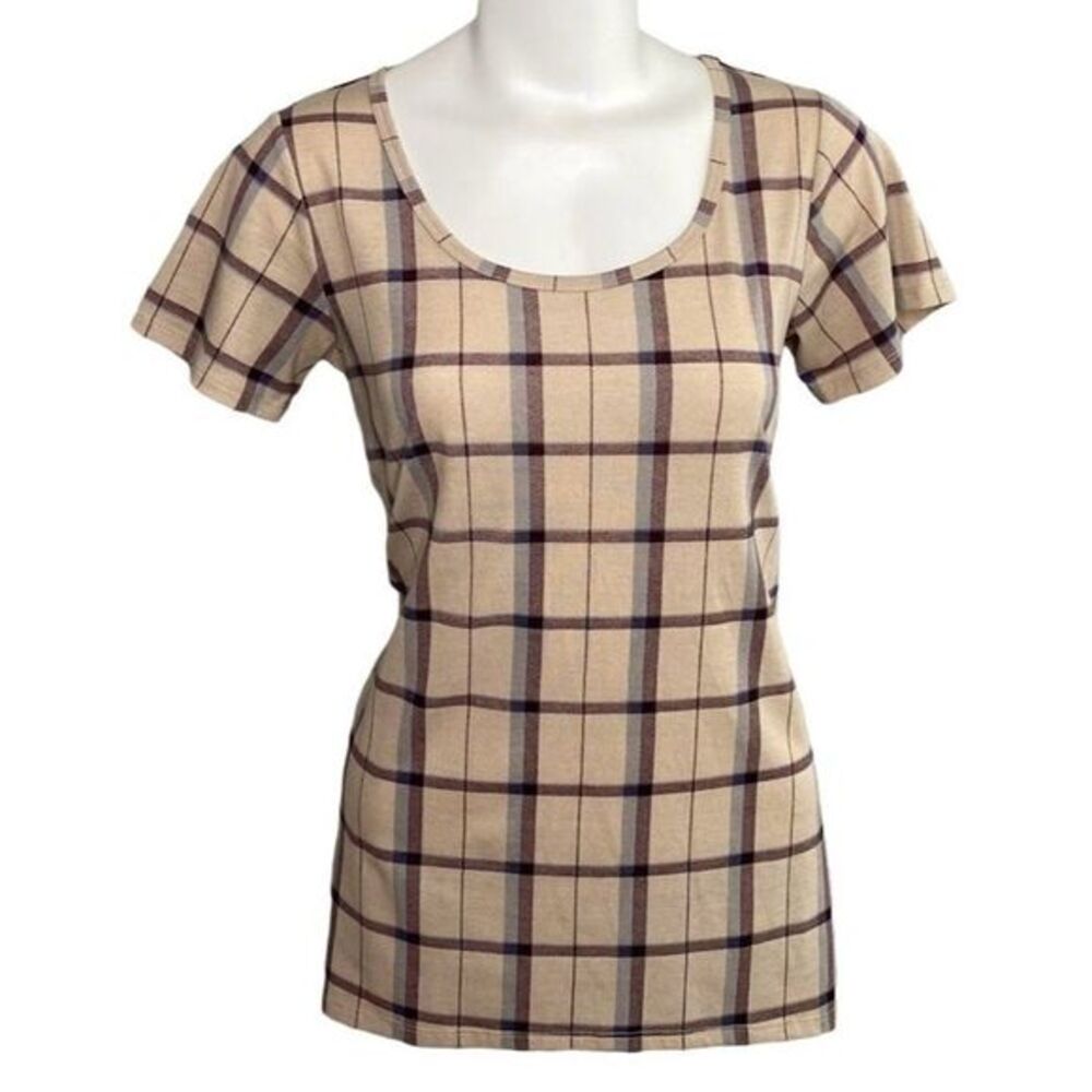LuLaRoe Classic T Beige Purple Blue Plaid Swing T Shirt Top Sz XS